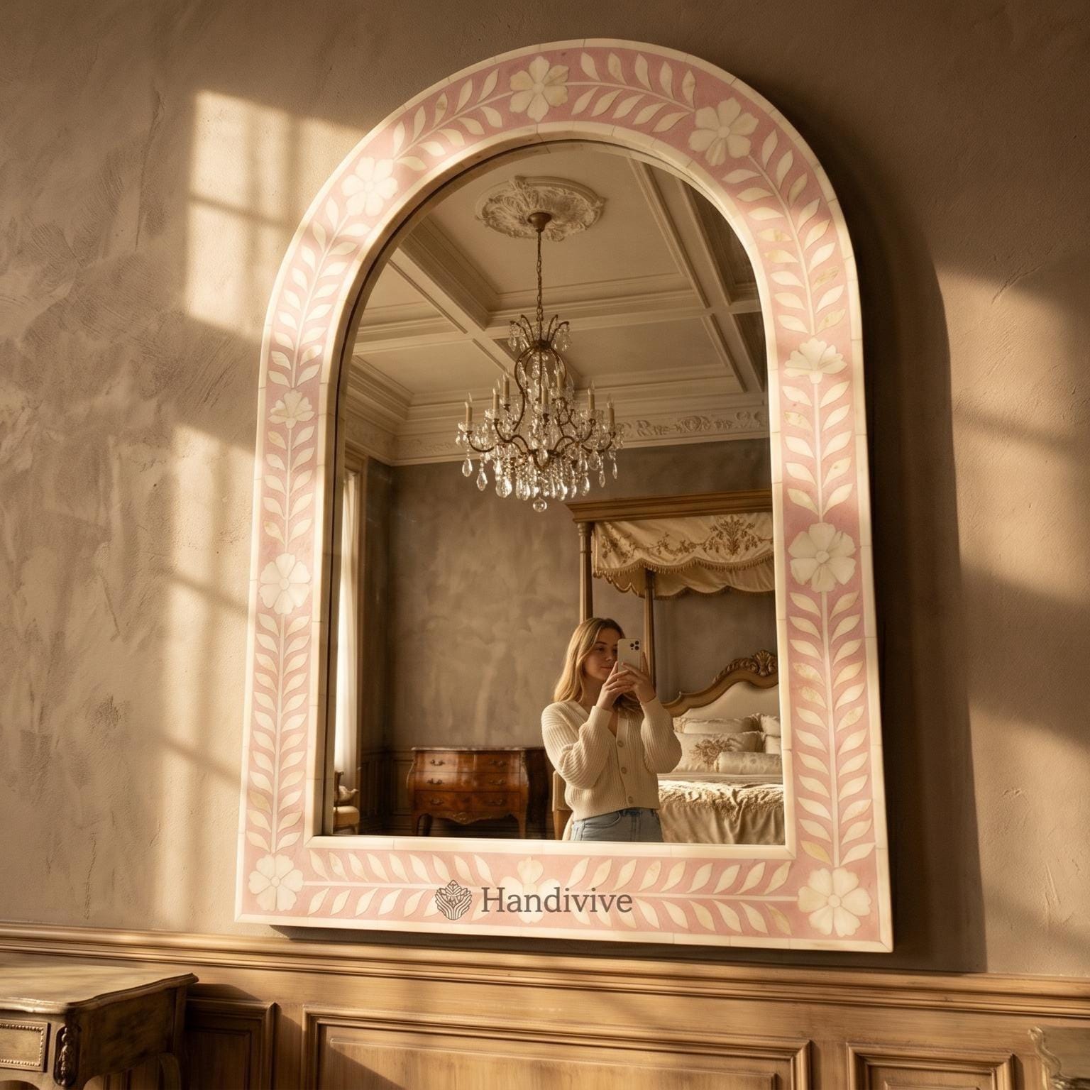 Floral Arch Mirror Pink Bone Inlay Wall Hanging Decor - Detail Close-up