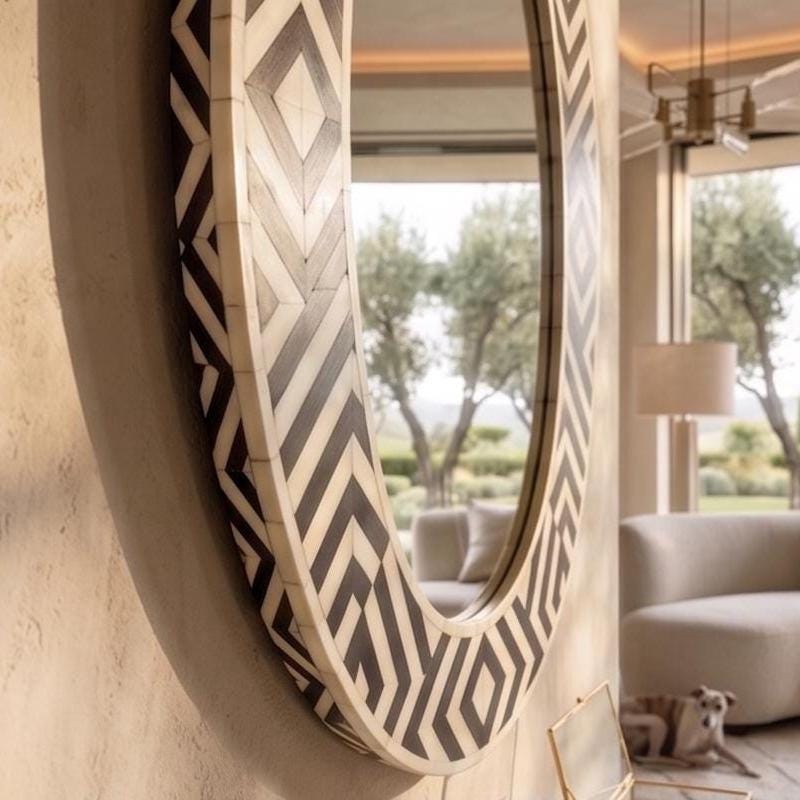 Luxury Oval Bone Inlay Mirror Geometric Pattern Handmade Wall Mirror | unique mirror - Alternate View 2