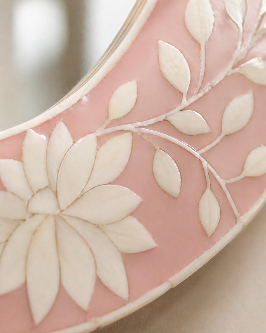 Blush Pink Oval Bone Inlay Mirror, Handmade Floral Vanity Decor | unique mirror - Detail Close-up