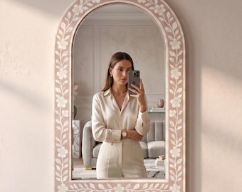 blush pink Cherry Blossom Bone Inlay Arch Mirror Handmade Wall Vanity Decor