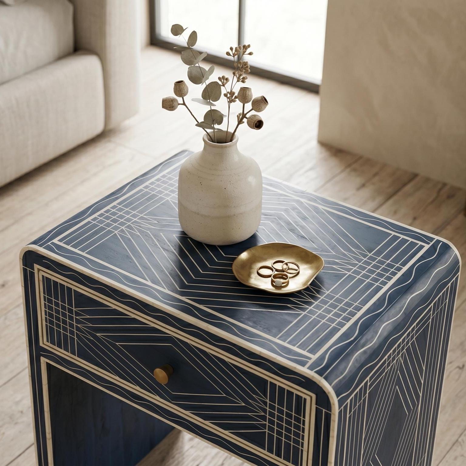 Navy Blue Bone Inlay Bedside Table Minimal Checker Pattern - Alternate View 1