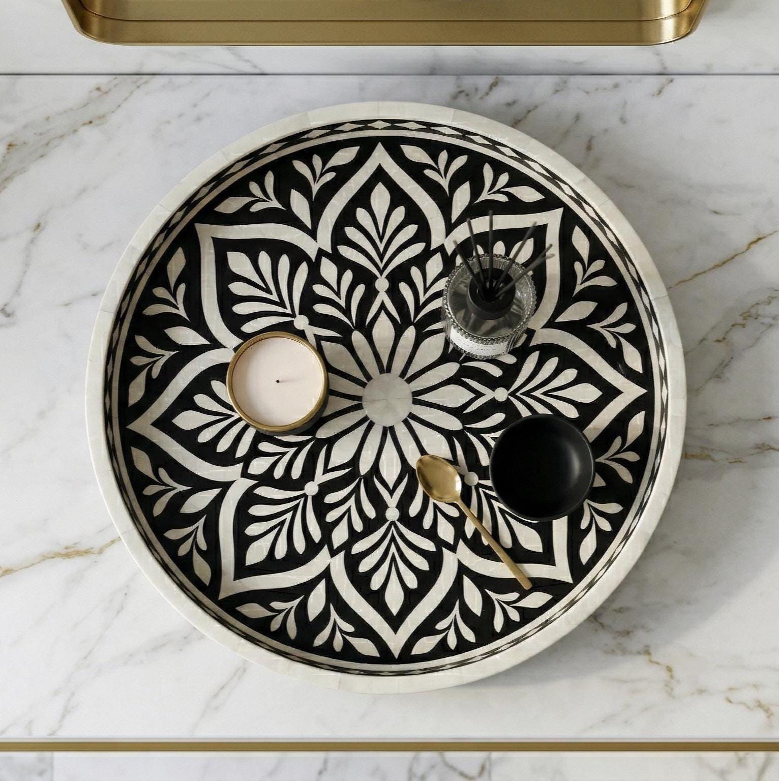 Round Tray Floral Bone Inlay Handmade Serving Vanity Decor - Side Angle