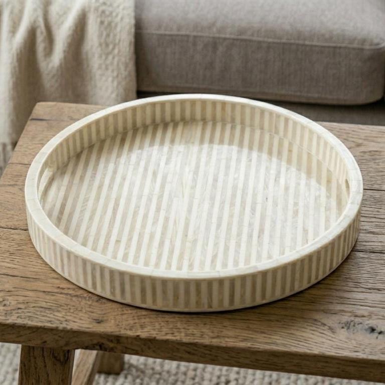 Round Serving Tray Bone Inlay Stripe Pattern Handmade vanity Decor - Full Profile