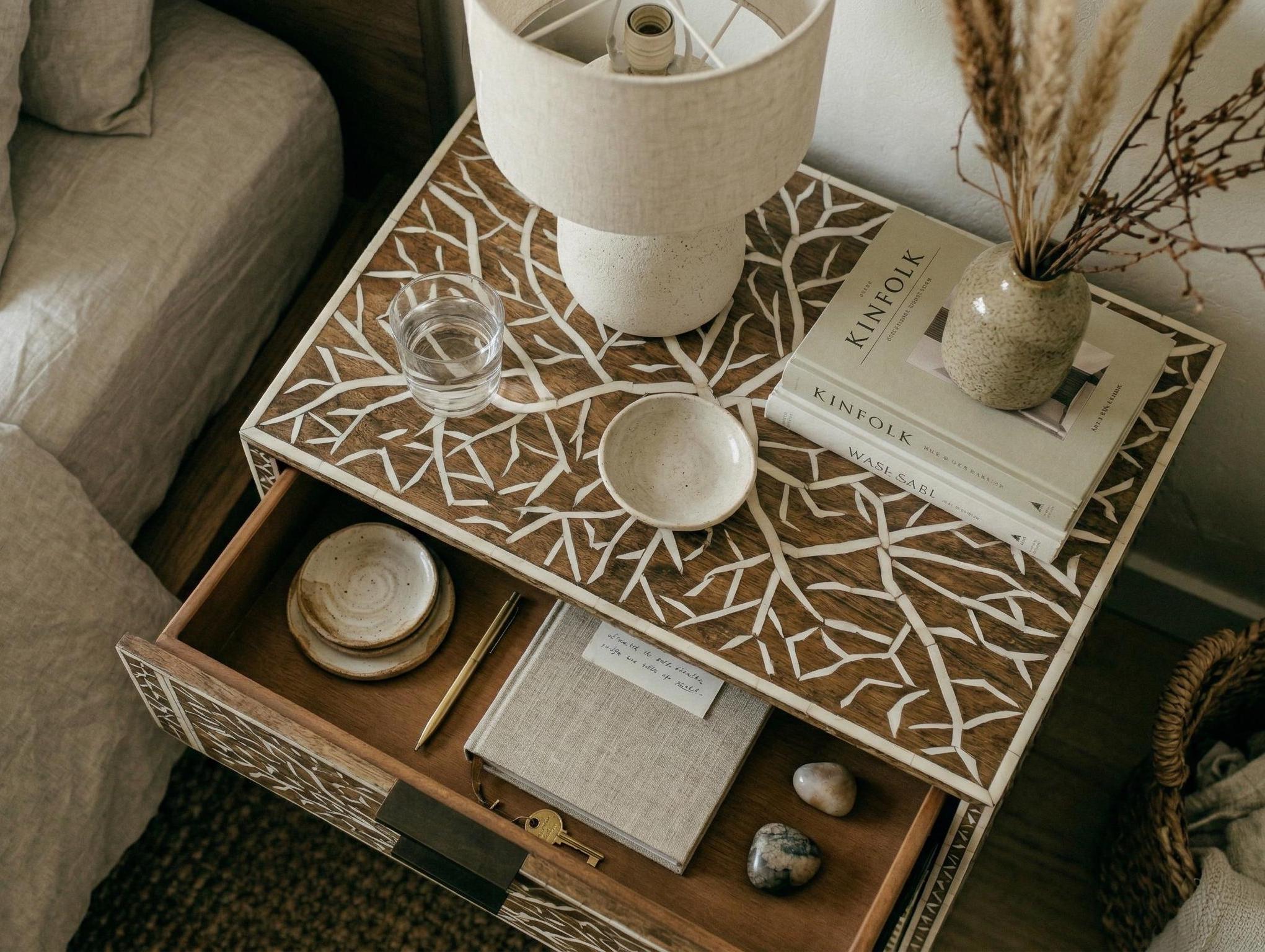 Organic Pattern Bone Inlay Bedside Table , unique side table , indian furniture - Room Setting