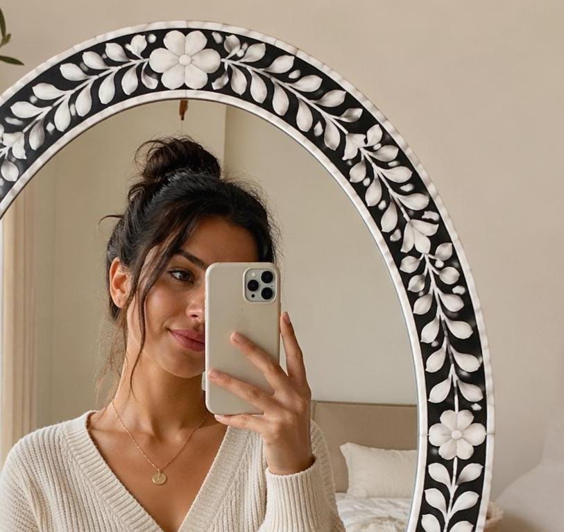 Black White Floral Oval Mirror Bone Inlay Handmade Wall Vanity Decor - Detail Close-up