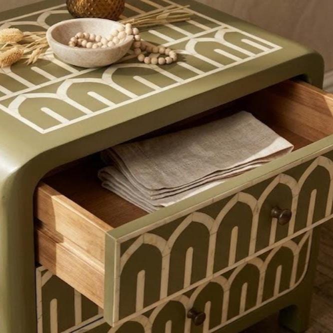 Dusty Olive Bone Inlay Bedside Table Arch Pattern Nightstand - Room Setting