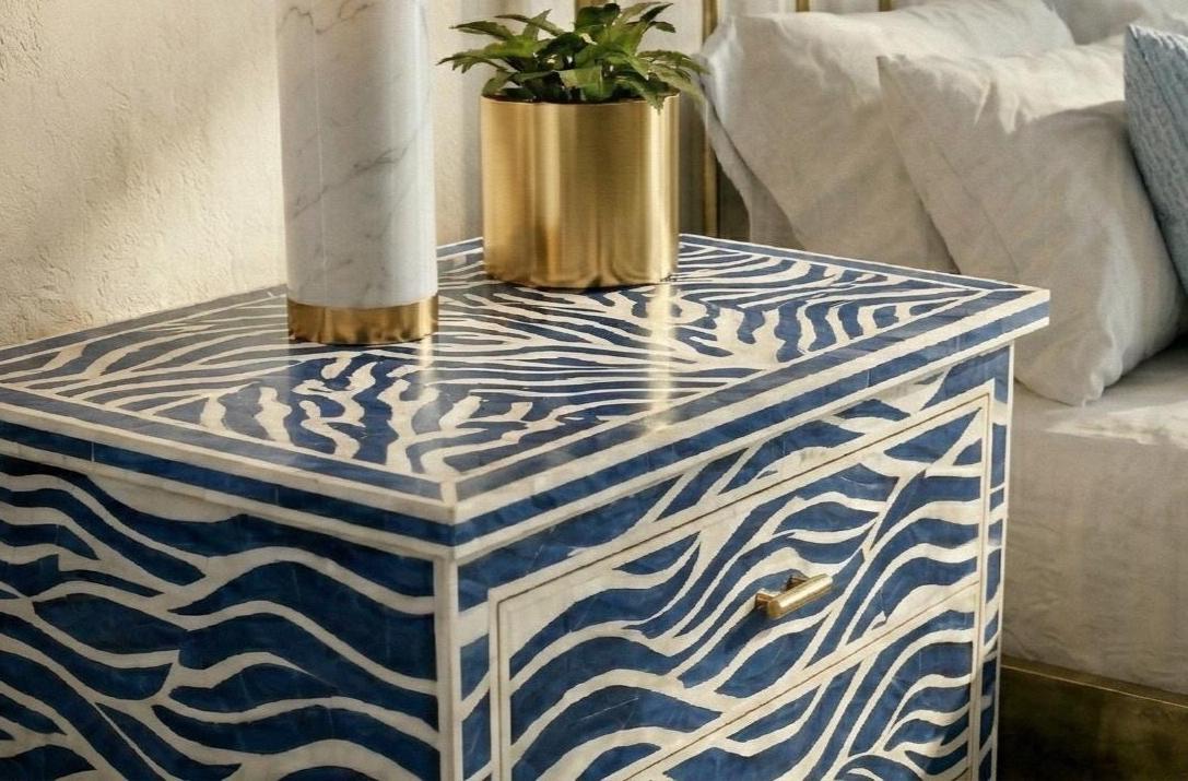 handmade Blue Wave Bone Inlay Bedside Table – Handmade Luxury 3 Drawer Nightstand - Full Profile