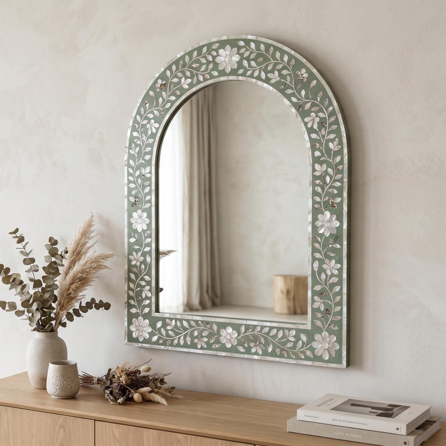 Sage Green Mother of Pearl Arch Mirror Floral Wall Decor vanity decor - Side Angle