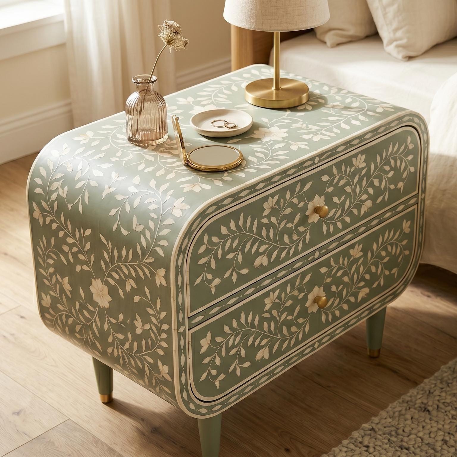 Sage Green Bone Inlay Nightstand Rounded Luxury Design - Side Angle