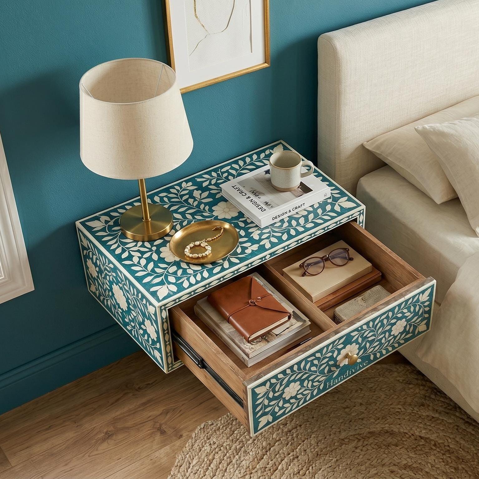 Wall Mounted Bone Inlay Bedside Table Deep Turquoise floral Design - Room Setting