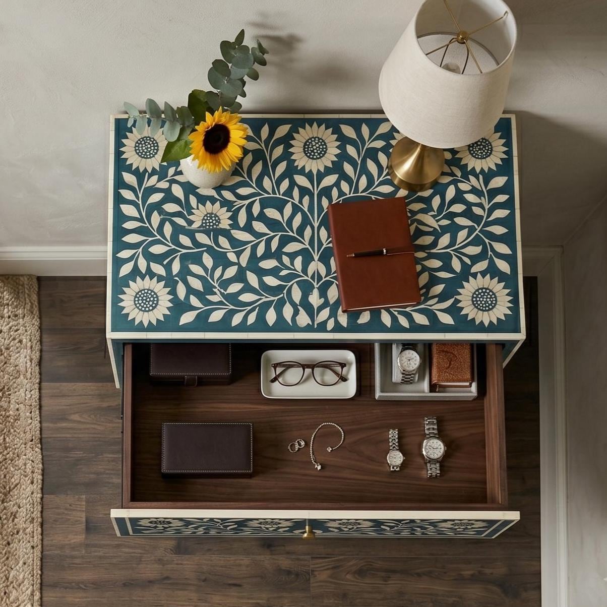 Sunflower Bone Inlay Floating Bedside Table Wall Mounted - Room Setting