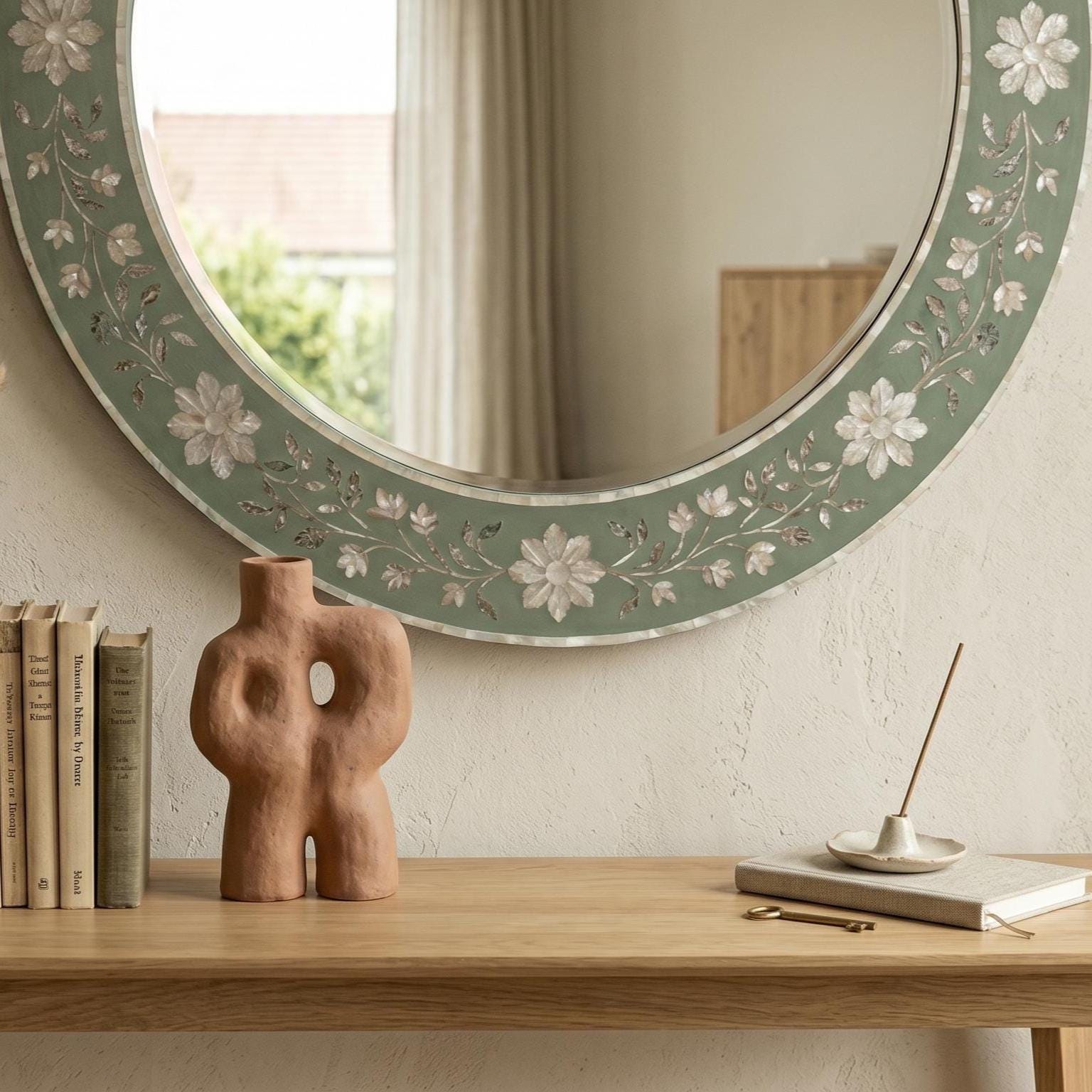 Sage Green Mother of Pearl Floral Inlay Mirror Luxury Wall Decor - Room Setting