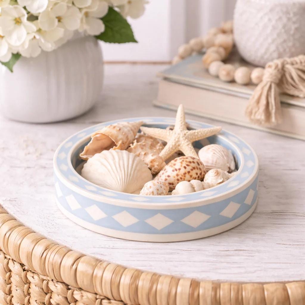 Soft Blue Bone Inlay Trinket Tray Round Jewelry Dish Handmade Vanity Decor - Side Angle
