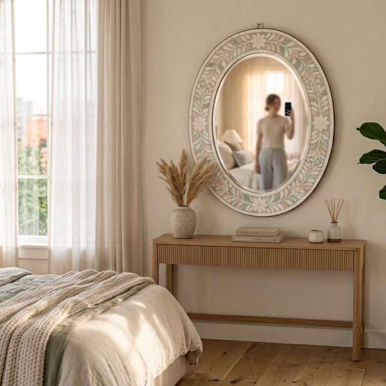 Oval Bone Inlay Floral Mirror – Boho Home Decor, Artisan Crafted Ivory Floral Wall Accent - Extra View
