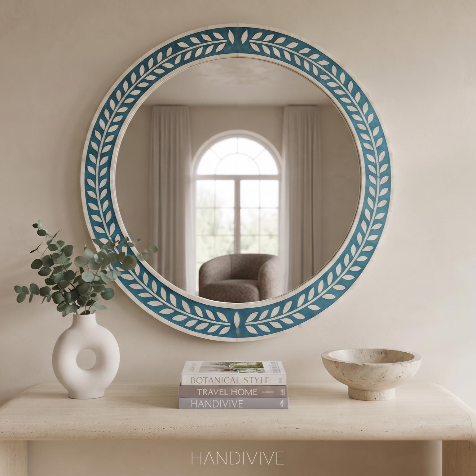 Handmade Turquoise Round Bone Inlay Wall Mirror - Detail Close-up