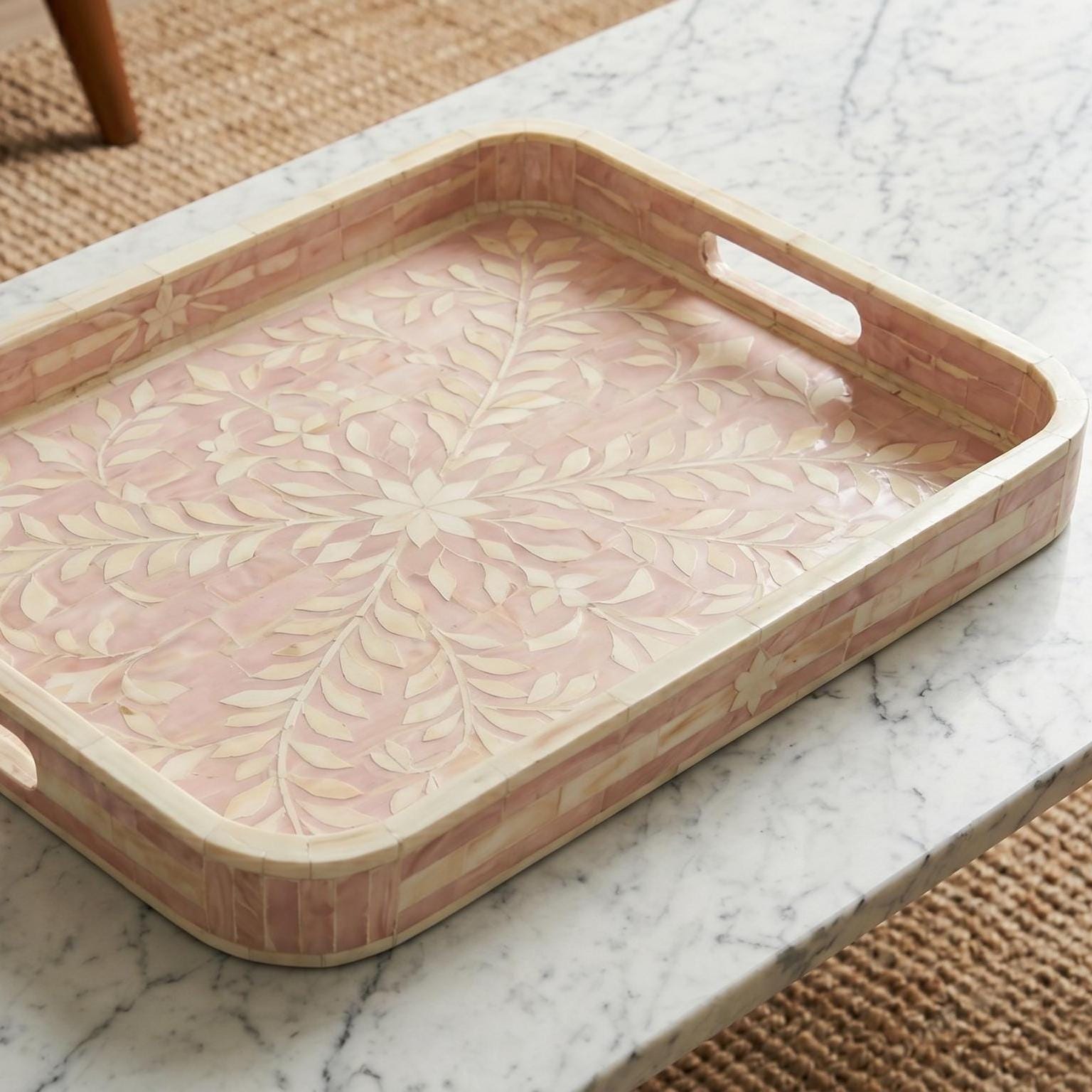 Blush Pink Floral Bone Inlay Tray Rounded Edge Serving & decorativeTray - Room Setting