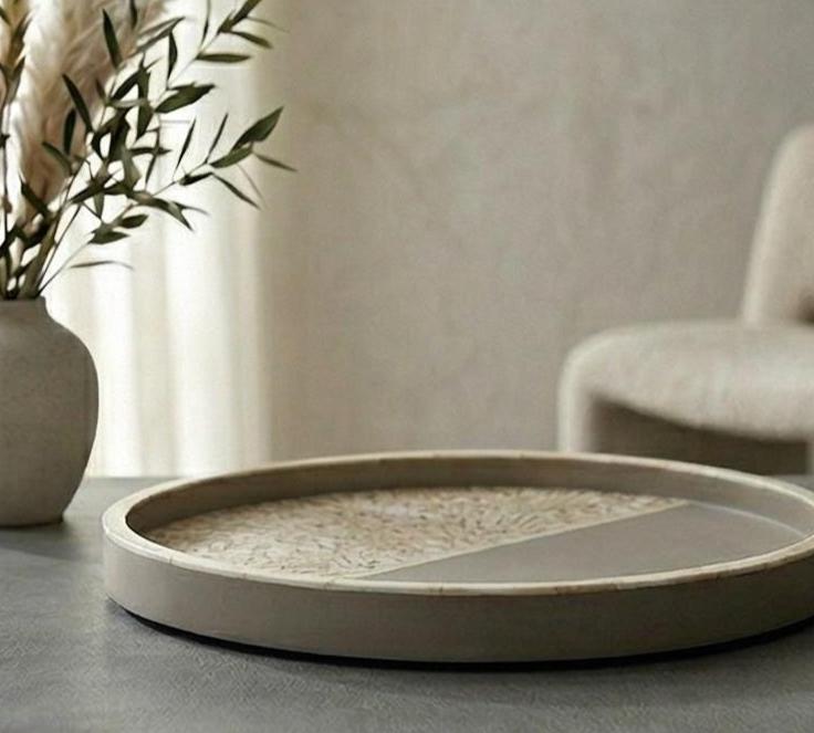 Two Tone Bone Inlay Round Tray – Handmade Modern Resin Serving Tray - Alternate View 1