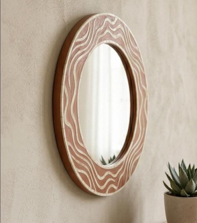 Terracotta Bone Inlay Mirror – Handmade Round Wavy Organic Wall Decor | unique mirror - Full Profile