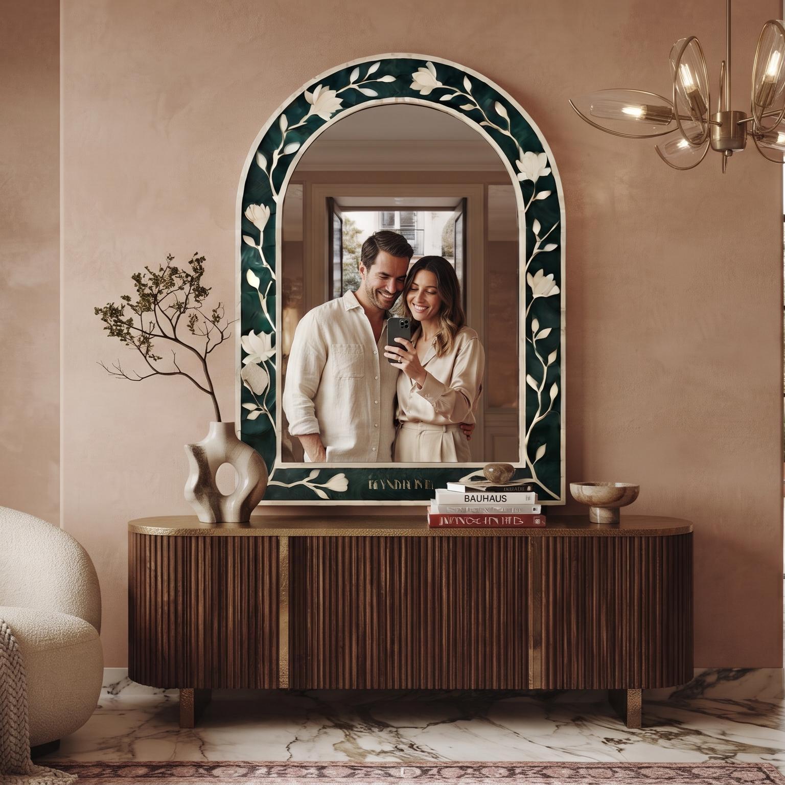 Emerald Green Magnolia Bone Inlay Arch Mirror Handmade - Detail Close-up