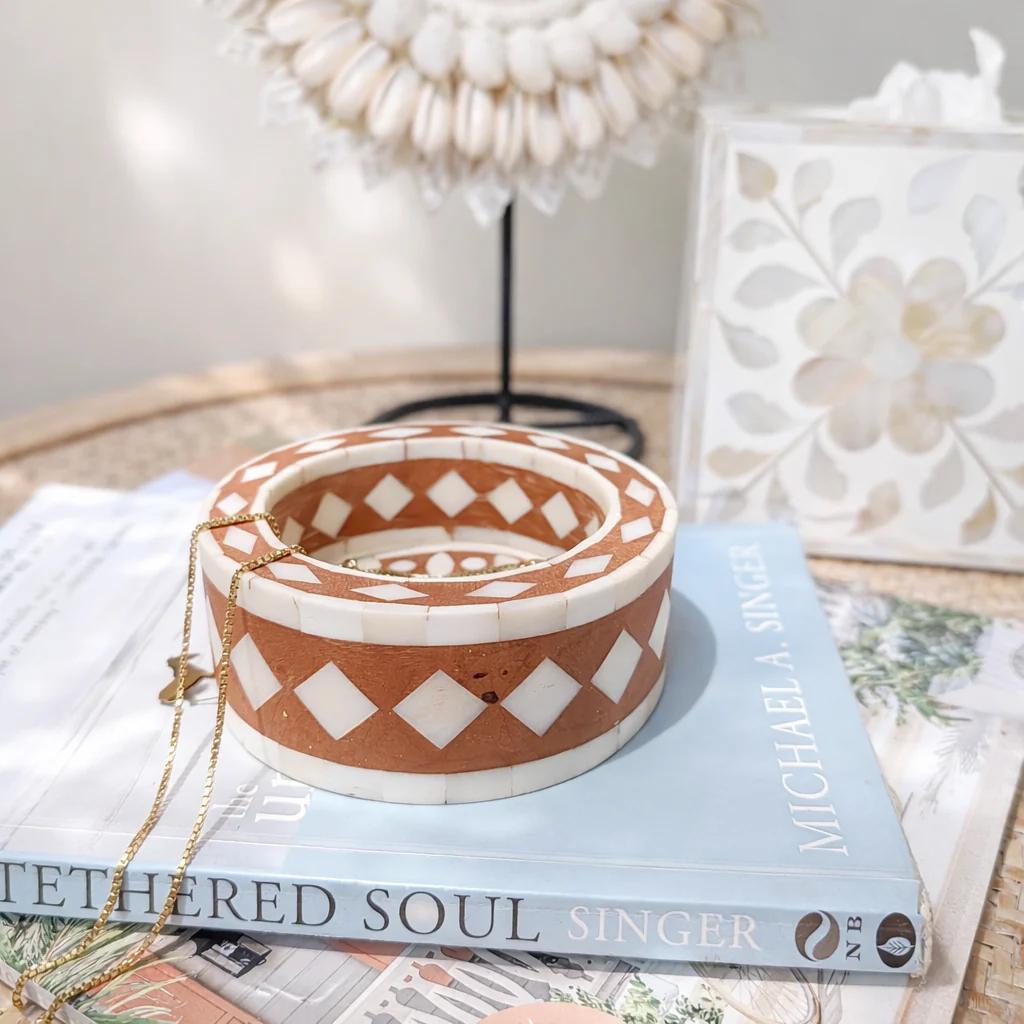 Round Bone Inlay Trinket Tray Handmade Jewelry Dish Luxury Vanity Decor - Room Setting