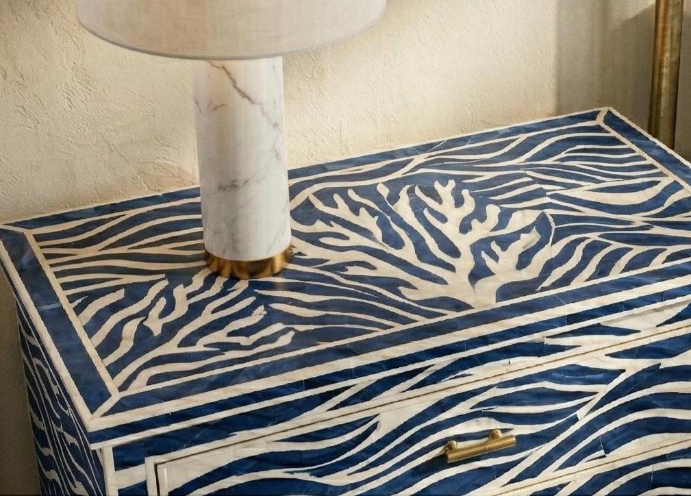 handmade Blue Wave Bone Inlay Bedside Table – Handmade Luxury 3 Drawer Nightstand - Side Angle