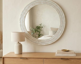 Specchio rotondo con intarsi in madreperla, realizzato a mano, da parete, decorazione per il bagno.