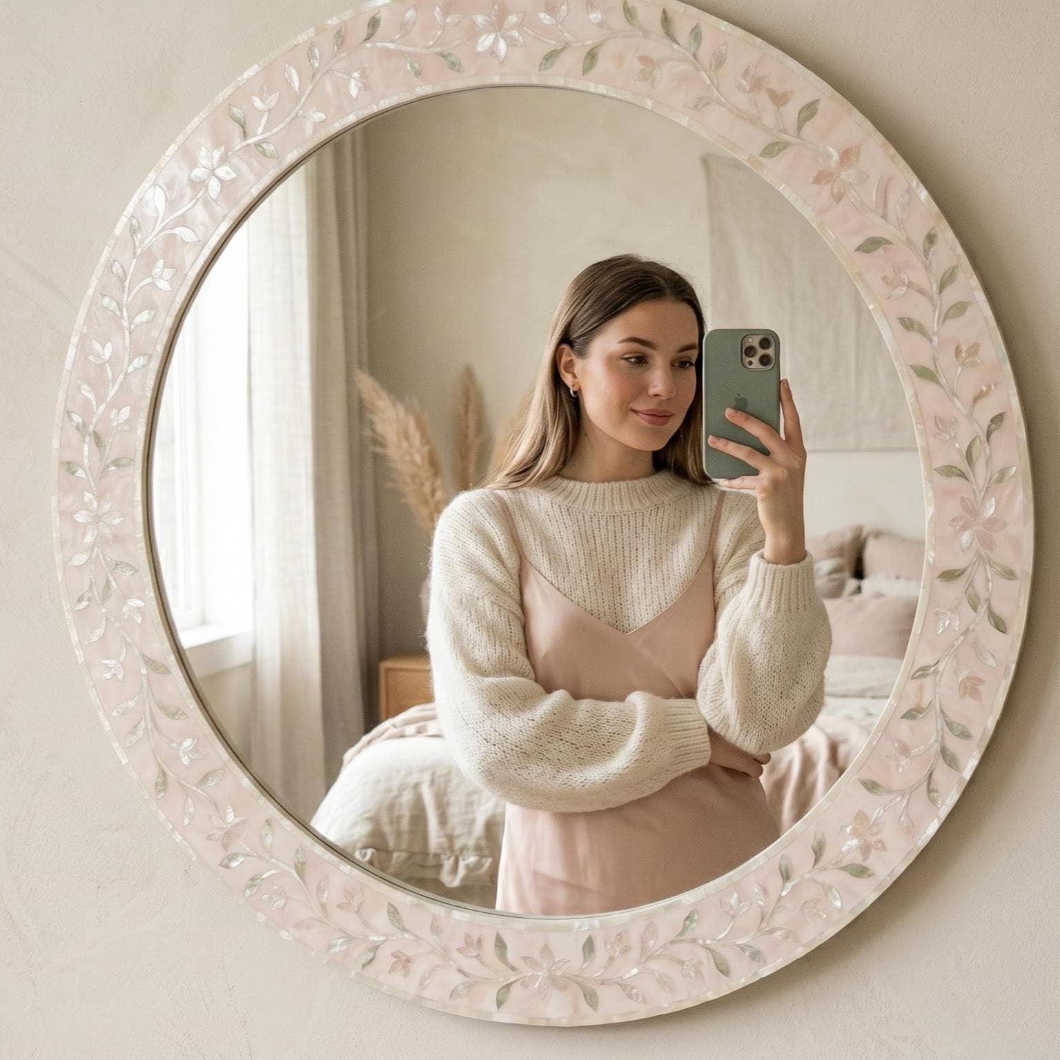 pearl inlay floral vine Blush Pink Round Mirror wall decor unique - Full Profile