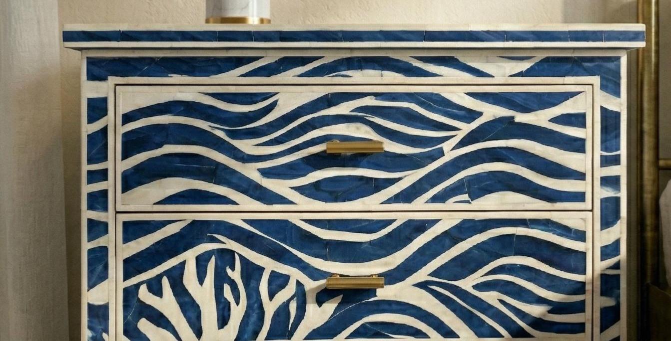 handmade Blue Wave Bone Inlay Bedside Table – Handmade Luxury 3 Drawer Nightstand - Room Setting