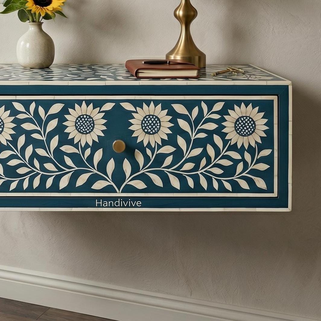 Sunflower Bone Inlay Floating Bedside Table Wall Mounted - Full Profile