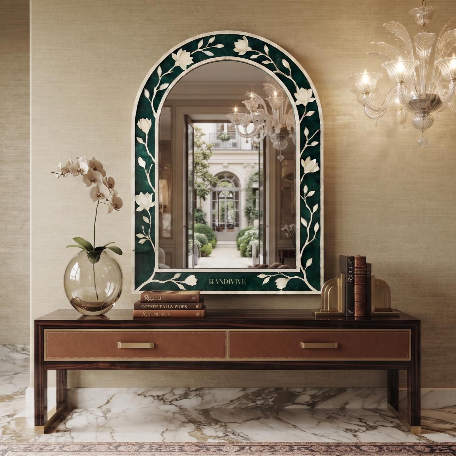 Emerald Green Magnolia Bone Inlay Arch Mirror Handmade - Full Profile