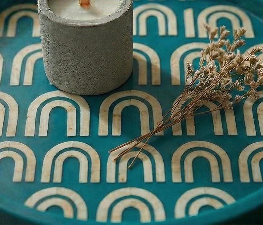 Turquoise Bone Inlay Round Tray Handmade Luxury Serving Tray - Full Profile