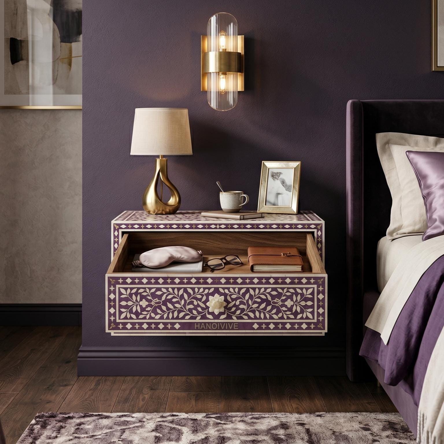 Royal Purple Bone Inlay Floating Bedside Table Mughal Floral Design - Room Setting