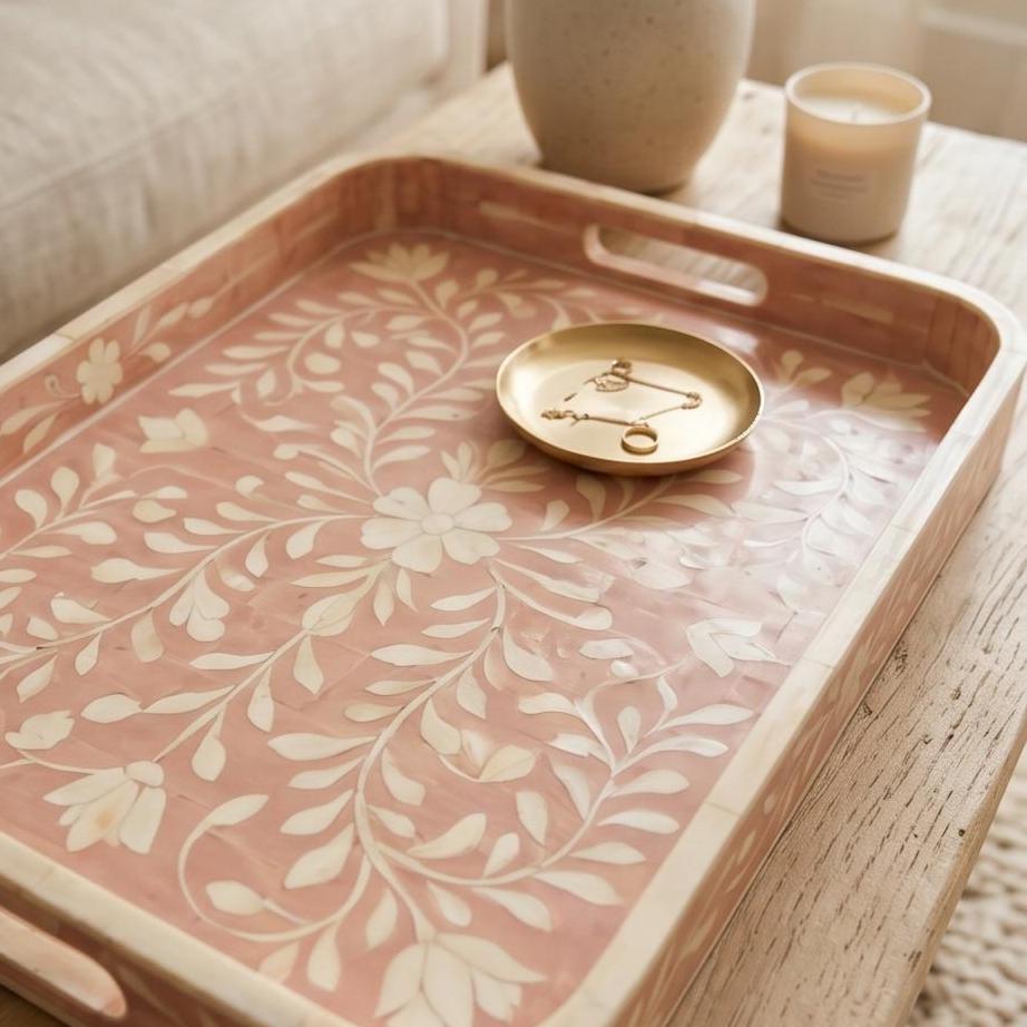Blush Pink Floral Bone Inlay Tray Rounded Edge Serving & decorativeTray - Inlay Pattern