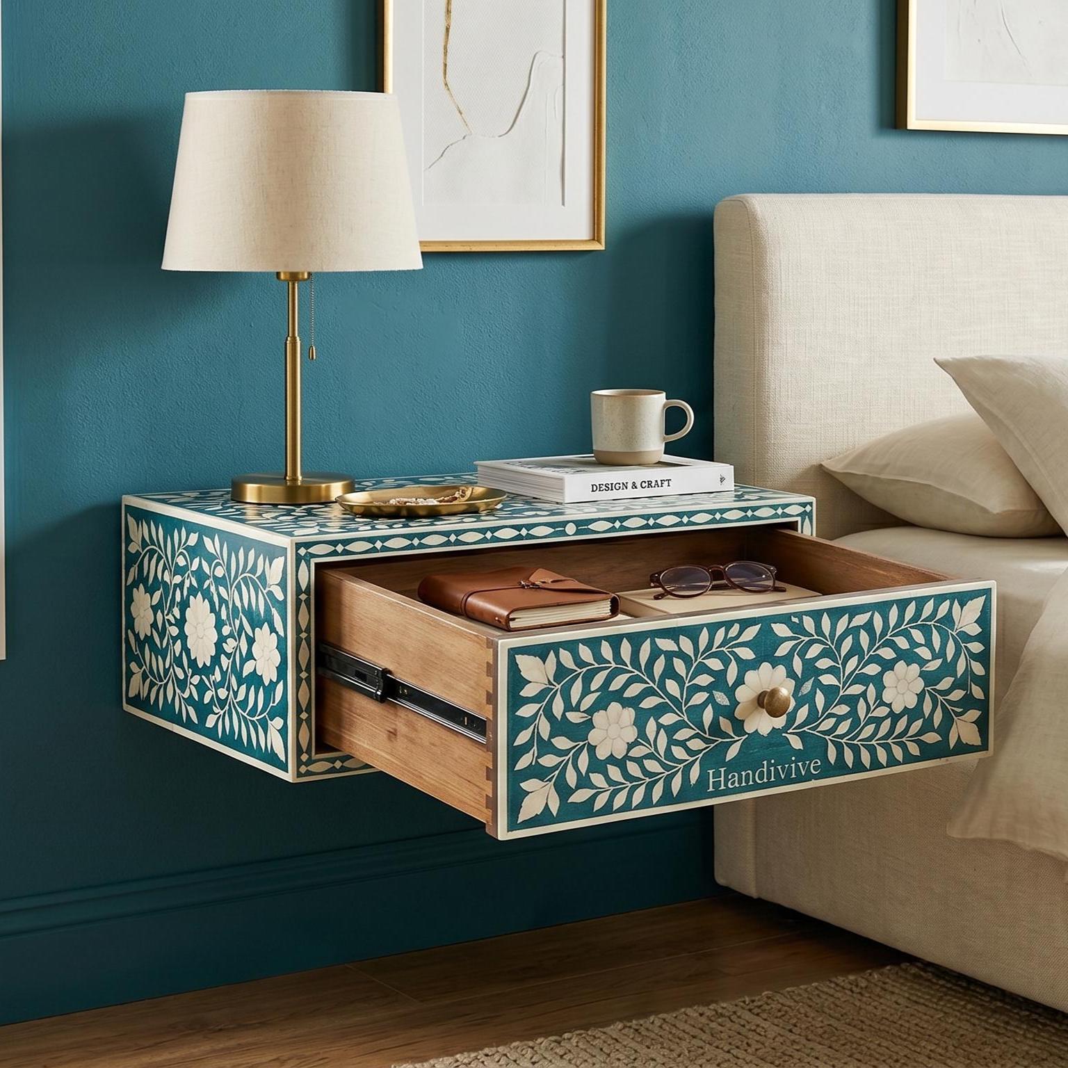 Wall Mounted Bone Inlay Bedside Table Deep Turquoise floral Design - Detail Close-up