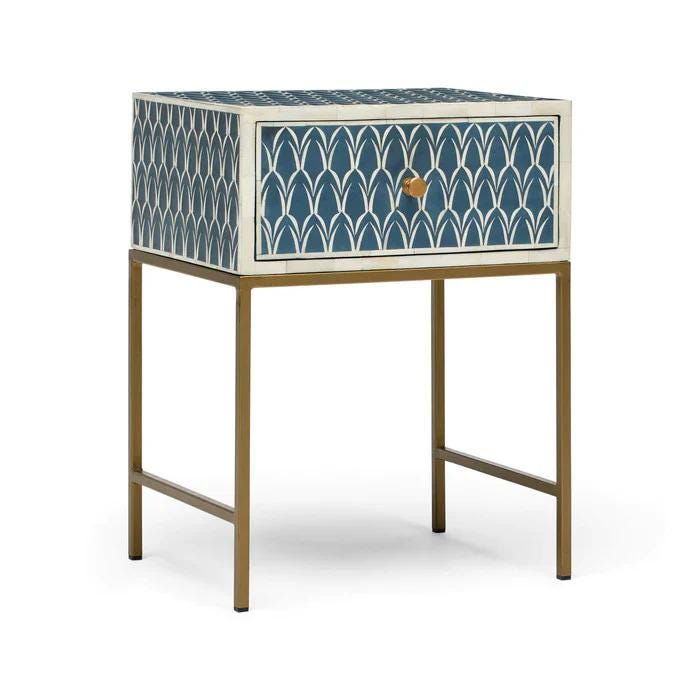Indigo Bedside Table One Drawer Bone Inlay Metal Legs Arched Nightstand - Alternate View 2