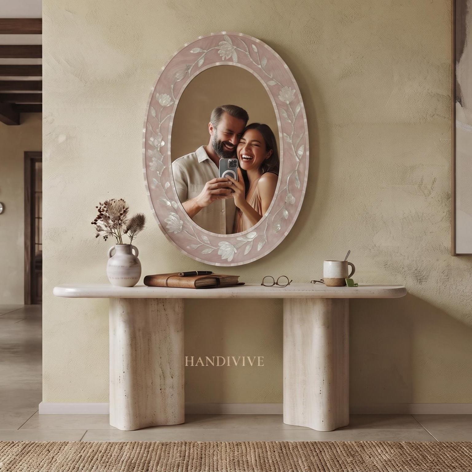 Oval Mother of Pearl Inlay Mirror Dusty Blush Pink , Magnolia Garden MOP Wall Mirror