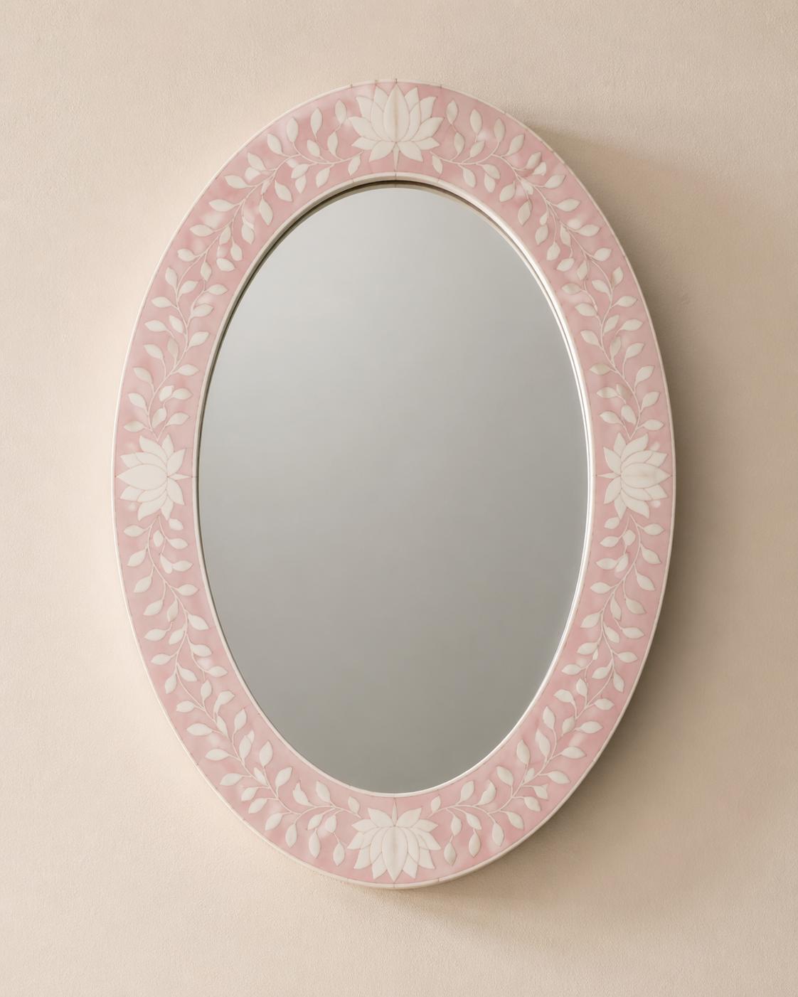 Blush Pink Oval Bone Inlay Mirror, Handmade Floral Vanity Decor | unique mirror - Room Setting