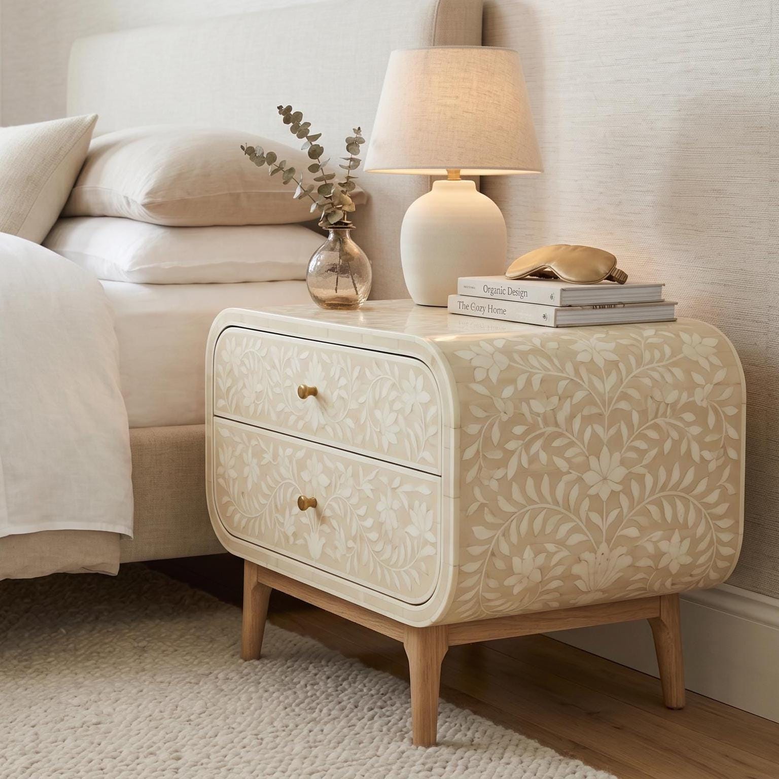 Bone Inlay floral Curved Bedside Table Floral Handmade Nightstand - Room Setting
