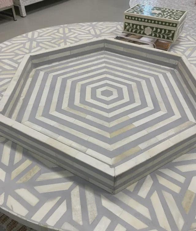 Hexagon Tray Bone Inlay Handmade Decorative Serving Tray - Detail Close-up
