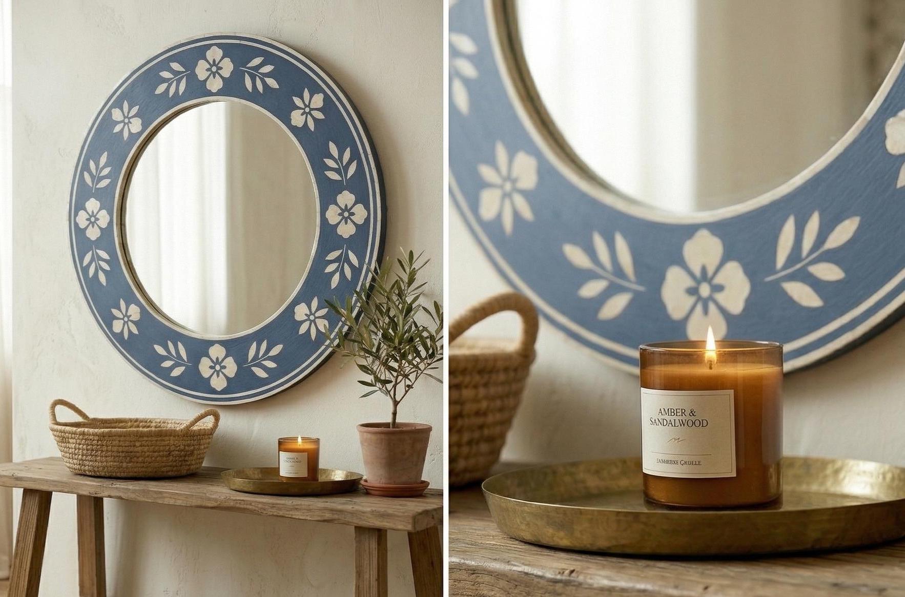 Bone Inlay Round Wall Mirror Luxury Boho - Handivive - Detail Close-up
