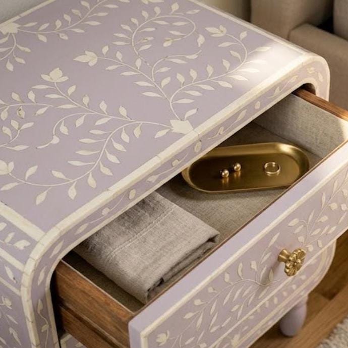 Lavender Bone Inlay Nightstand Floral Vine Pattern side table bedside - Alternate View 1