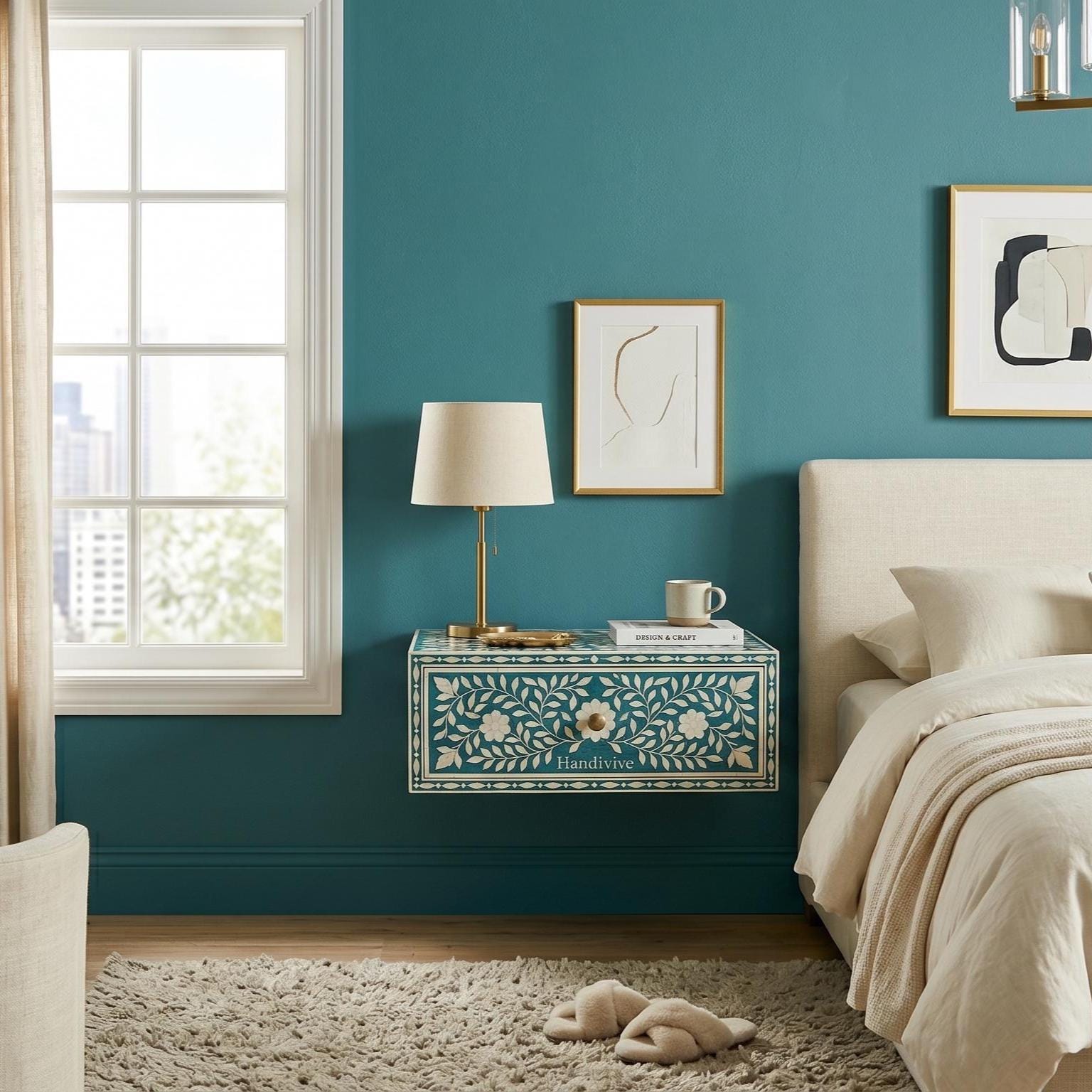 Wall Mounted Bone Inlay Bedside Table Deep Turquoise floral Design - Alternate View 2