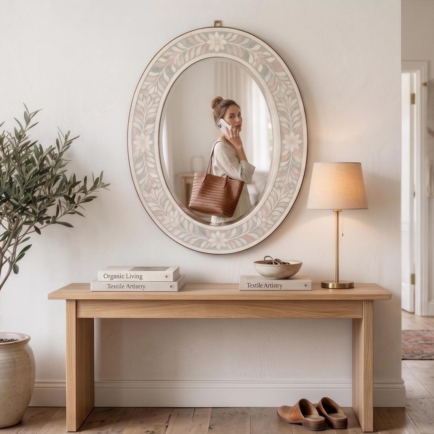 Oval Bone Inlay Floral Mirror – Boho Home Decor, Artisan Crafted Ivory Floral Wall Accent - Side Angle