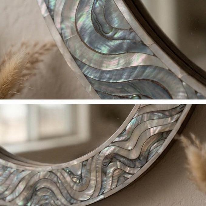Oval Mother of Pearl Inlay Mirror, Handcrafted Floral Coastal Vanity Accent - Detail Close-up