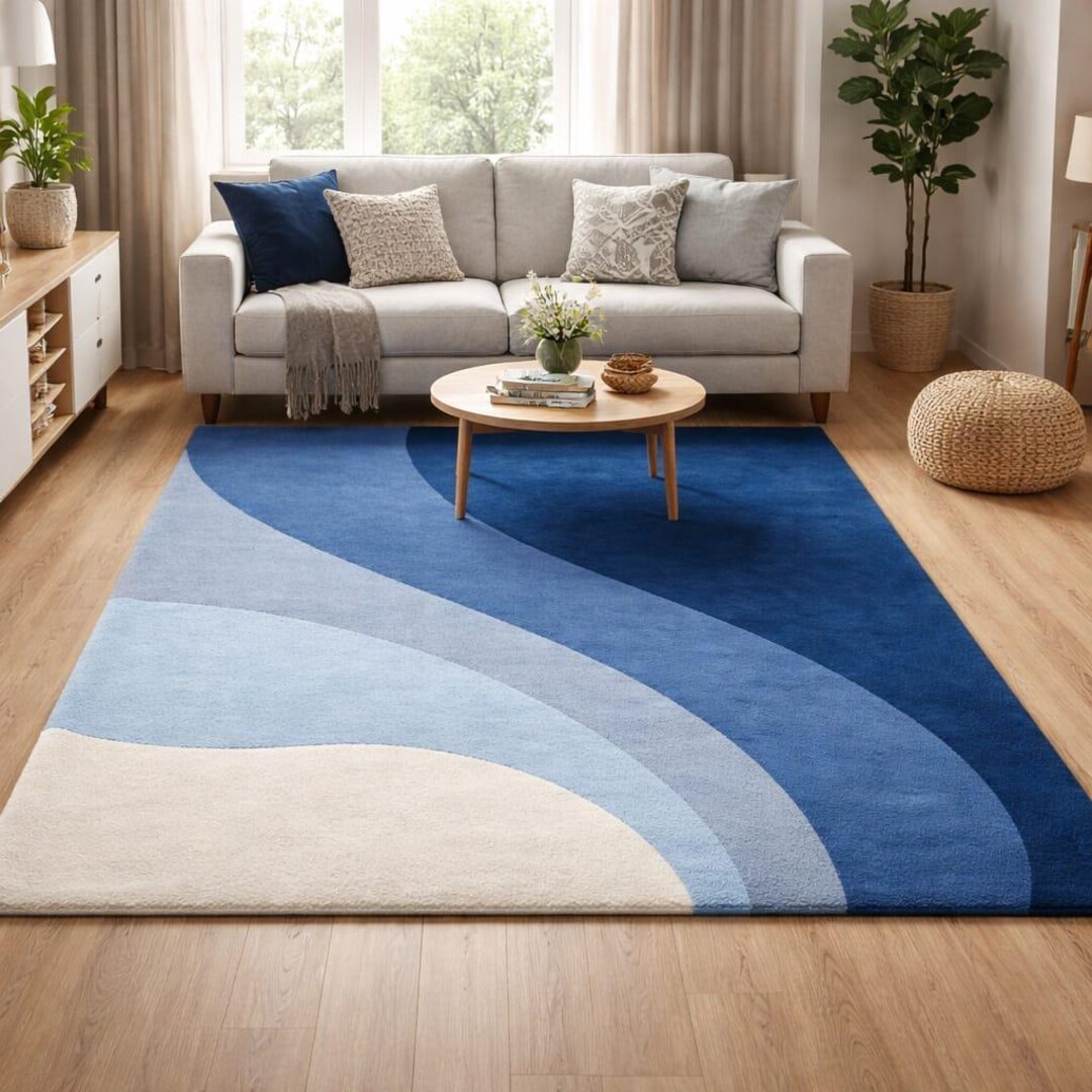 Modern Abstract Blue Wave Area Rug Hand Tufted Wool Carpet for Living ...