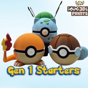 May include: Three 3D-printed figures of Gen 1 Starter Pok&eacute;mon: Charmander, Bulbasaur, and Squirtle. Charmander is orange with a flame, Bulbasaur is blue and green, and Squirtle is brown and blue. The text "Gen 1 Starters" is below the figures.