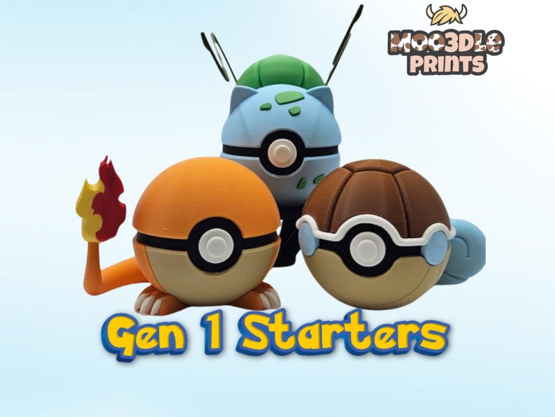 May include: Three 3D-printed figures of Gen 1 Starter Pok&eacute;mon: Charmander, Bulbasaur, and Squirtle. Charmander is orange with a flame, Bulbasaur is blue and green, and Squirtle is brown and blue. The text "Gen 1 Starters" is below the figures.