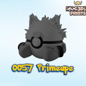 May include: A grey 3D-printed Primeape figure, with a round body, spiky ears, and a black band around the middle. The figure has two black boxing glove-like appendages. The text "0057 Primeape" is displayed below the figure.