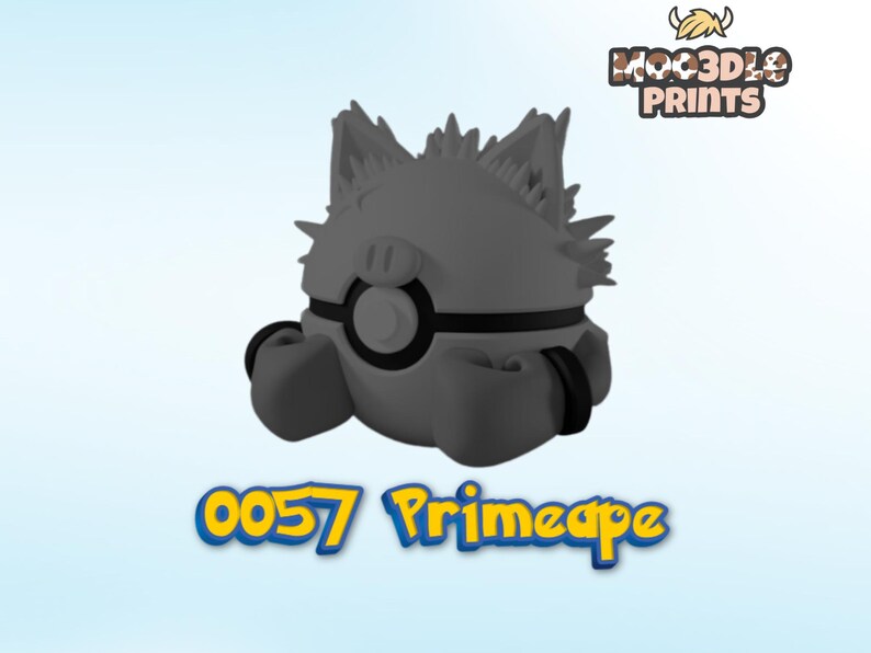 May include: A grey 3D-printed Primeape figure, with a round body, spiky ears, and a black band around the middle. The figure has two black boxing glove-like appendages. The text "0057 Primeape" is displayed below the figure.