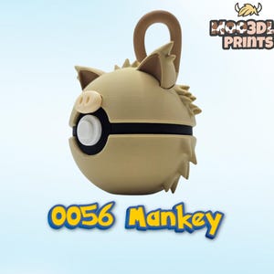 May include: A tan and brown 3D-printed Poke Ball with a monkey-like design, including a handle and ears. The text "0056 Mankey" is displayed below in a blue and yellow font. The logo "MOOD3D PRINTS" is in the upper right corner.